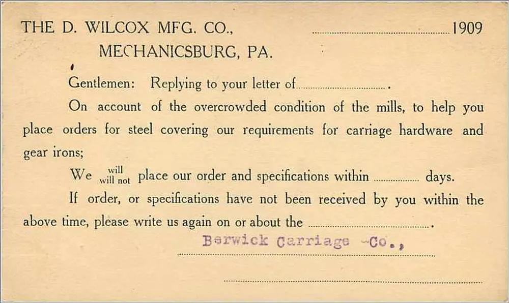 Werbekarte — Geschäftsbrief — The D. Wilcox Mfg. Co., Mechanicsburg, Pa. - Rückseite