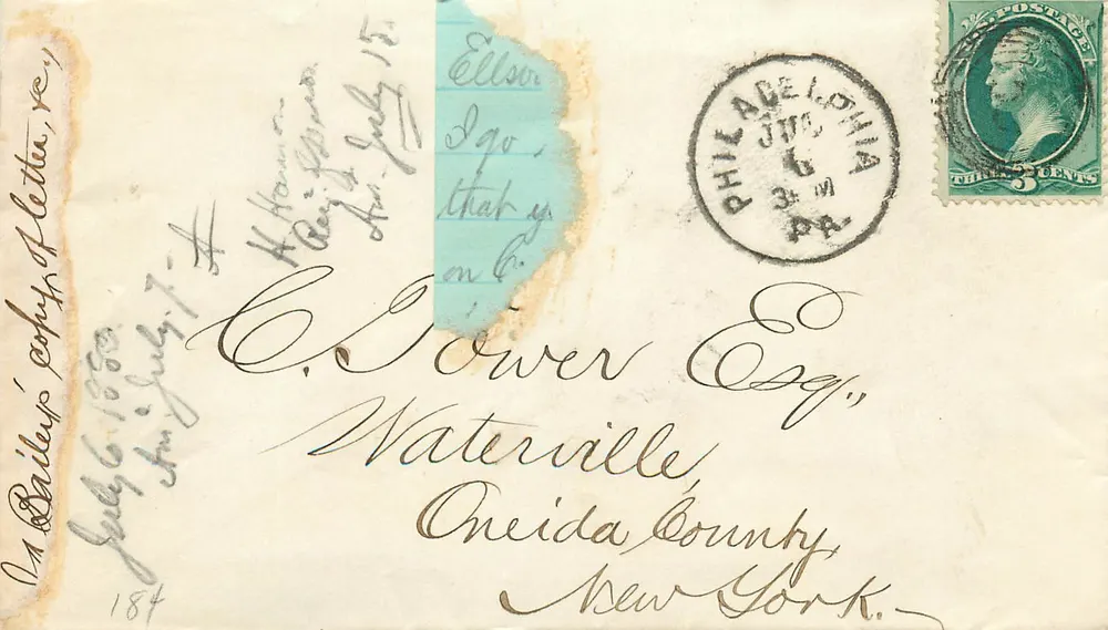 Carta postal de Filadélfia — Filadélfia, 6 de julho de 1840 — selo verde de 3 centavos — destinatário em Waterville, Nova York - Frente