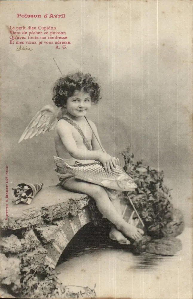 April-Fisch — Kindlicher Cupido mit Fisch — Phototype A. Bergeret & Cie, Nancy - Vorderseite