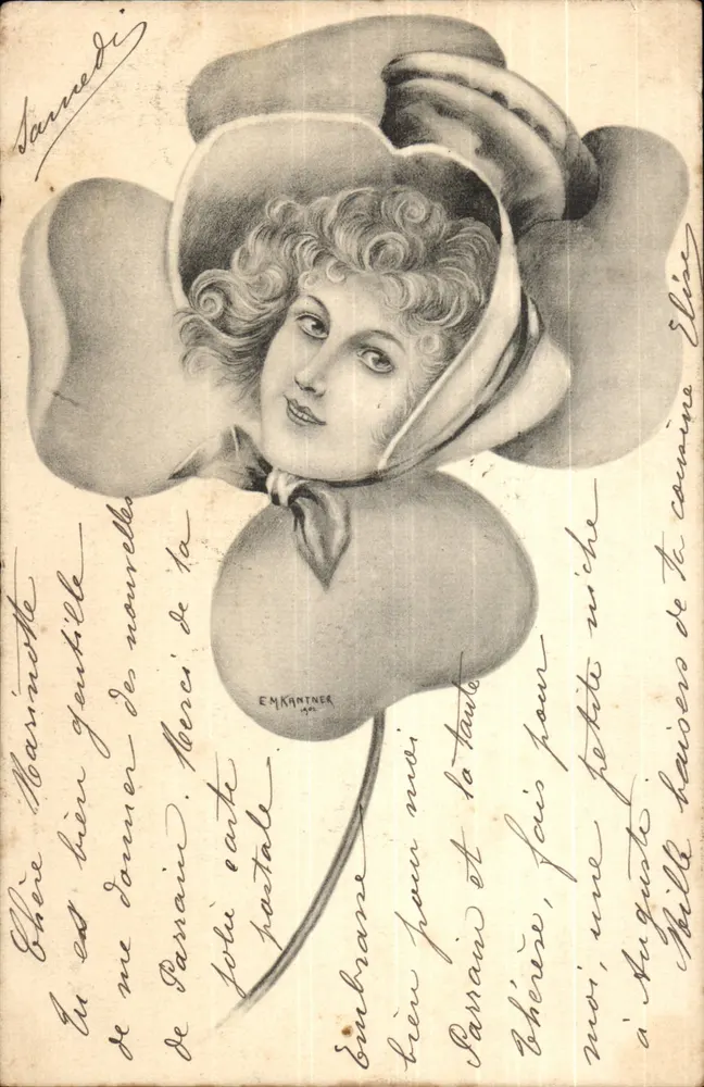 Femme dans une fleur — dessin de E. M. Kantner — H. S. W. Serie 1 - Recto