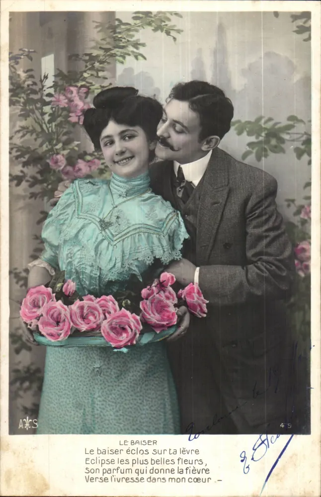 Un couple amoureux — poème 'Le baiser' — éditeur APCS, n°49 - Recto