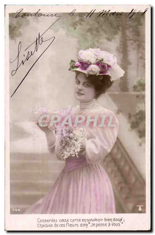 Frau in einem rosa Kleid mit Blumenstrauß — Lisezette, Boulourgue, 11. März 1908 — n° 734 - Vorderseite