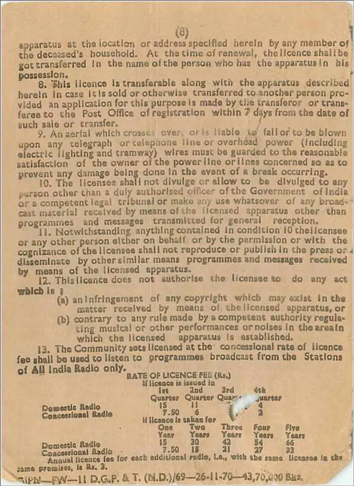 Licença de recepção de rádio — Índia — B.R.L.FEE - Verso