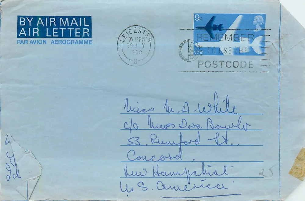 Luftbrief aus Leicester — 29. Juli 1968 — Verlag Royal Mail, Seriennummer nicht sichtbar - Vorderseite