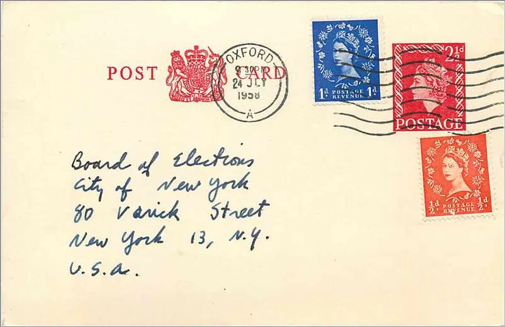Oxford — Carta postal datada de 24 de julho de 1958 — editor 'POST CARD' com selos - Frente