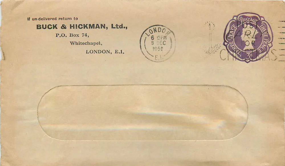 Umschlag mit Weihnachtsstempel — Buck & Hickman, Ltd., London — 8. Dezember 1960 - Vorderseite