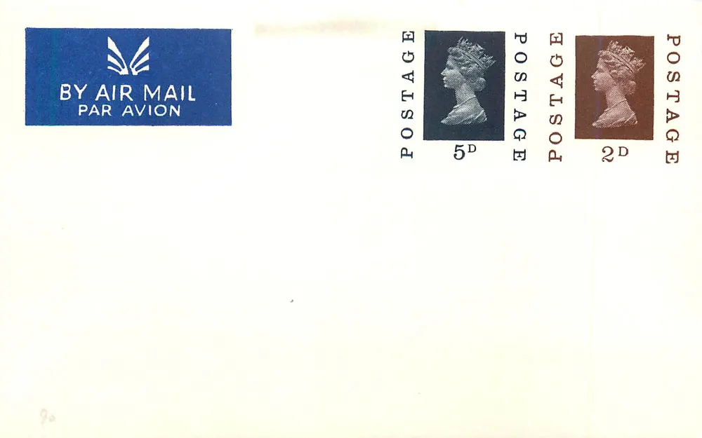Carta postal aérea — selos 5d e 2d — editor não visível - Frente
