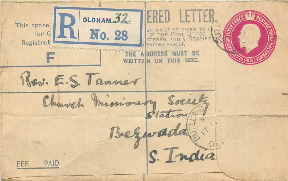 Oldham — Carta recomendada — Escritório de correios de Oldham, No. 28 - Frente