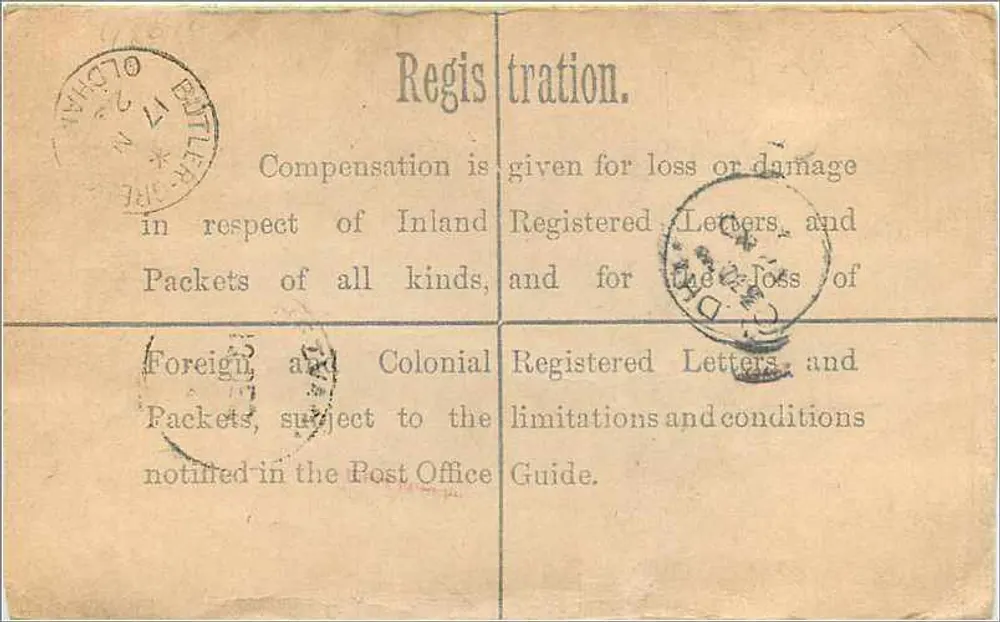 Oldham — Carta recomendada — Escritório de correios de Oldham, No. 28 - Verso