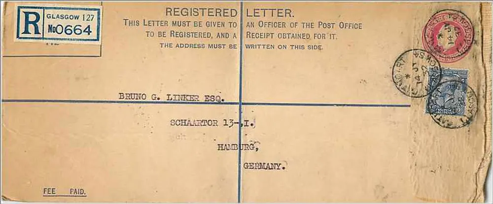 Empfohlene Briefmarkierung Glasgow — Hamburg — Text zur Beschwerde - Vorderseite