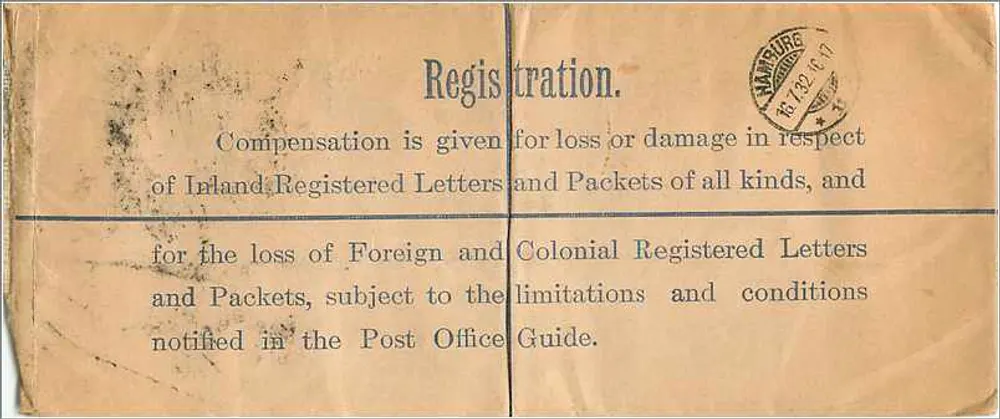 Empfohlene Briefmarkierung Glasgow — Hamburg — Text zur Beschwerde - Rückseite