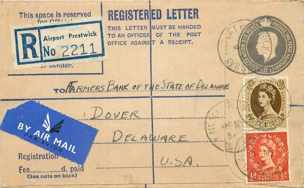 Flughafen Prestwick — Luftpost-Einschreiben nach Dover, Delaware — Verleger: Royal Mail - Vorderseite
