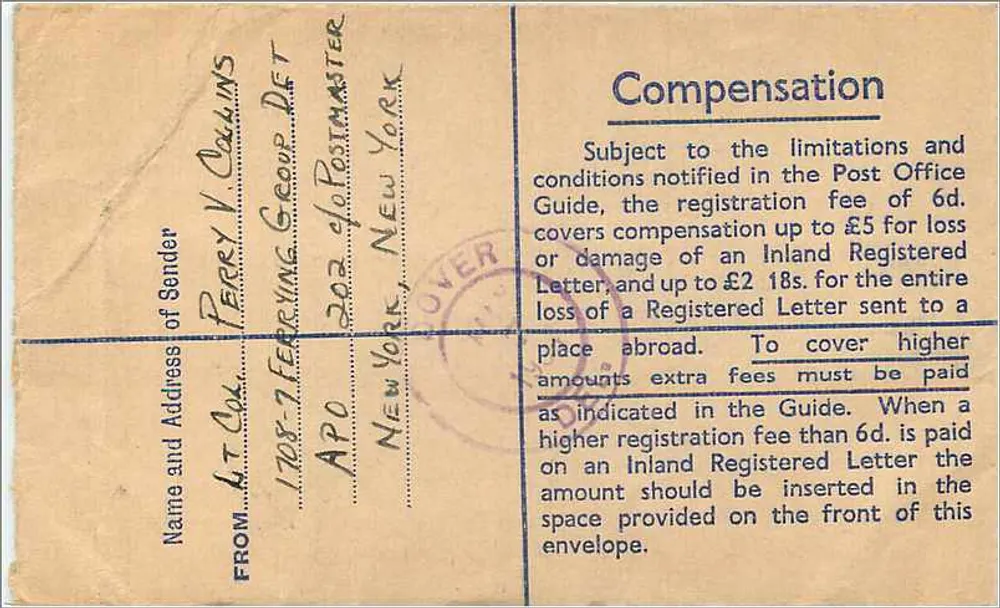 Flughafen Prestwick — Luftpost-Einschreiben nach Dover, Delaware — Verleger: Royal Mail - Rückseite