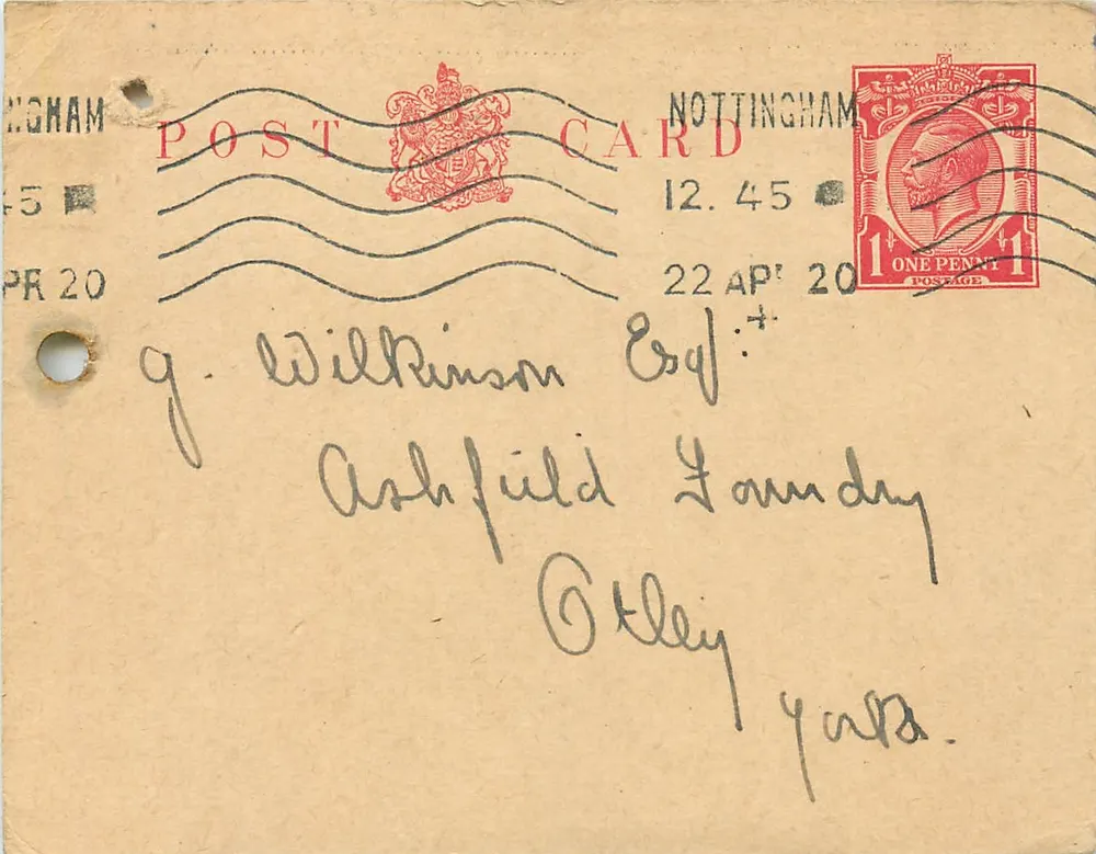 Nottingham — cartão postal datado de 22 de abril de 1920 — editor não visível - Frente