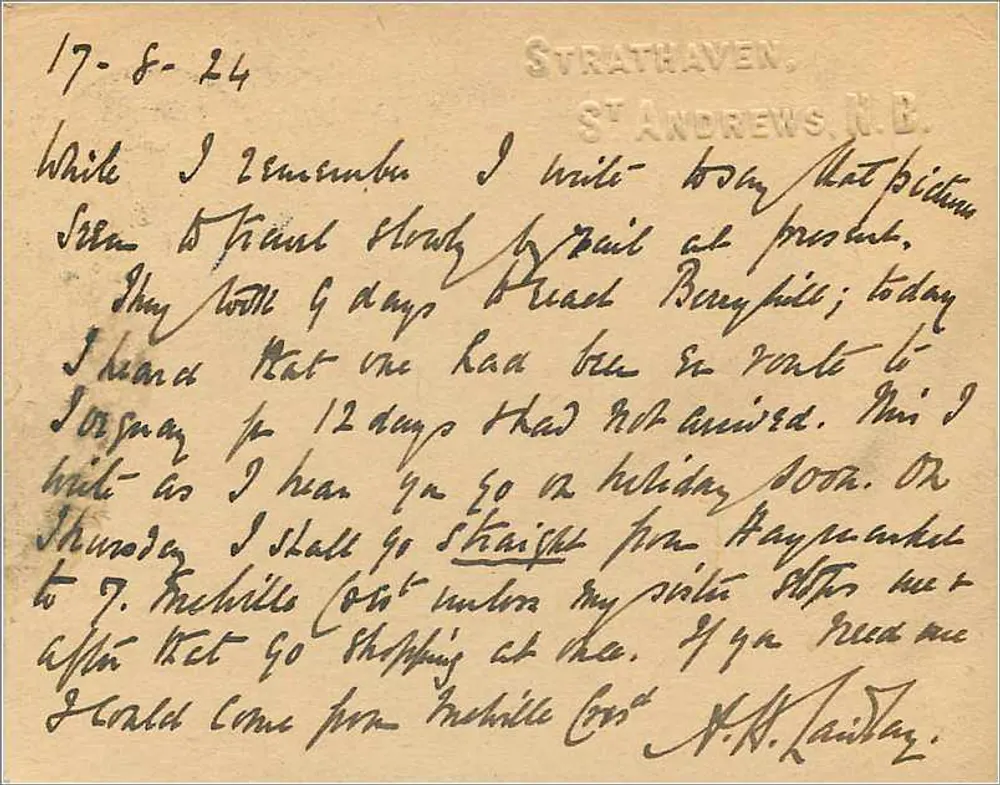 Strathaven, St. Andrews, N.B. — carta postal datada de 17 de agosto de 1924 — editor não visível - Verso