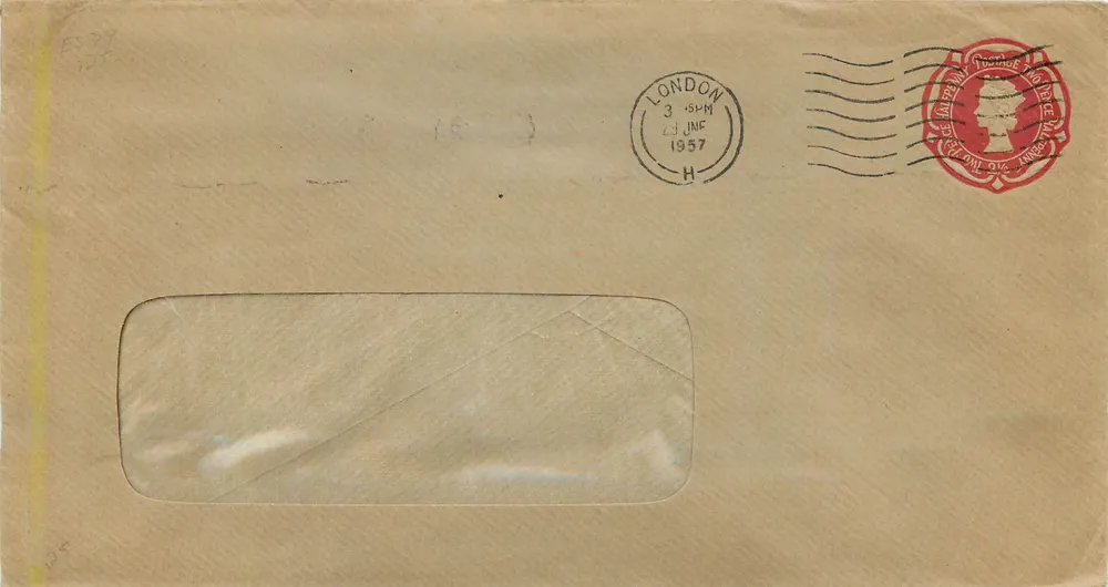 Londres — Envelope com selo de 2d e carimbo do dia 23 de junho de 1957 — The Fleetway House, Farringdon Street, E.C.4 - Frente