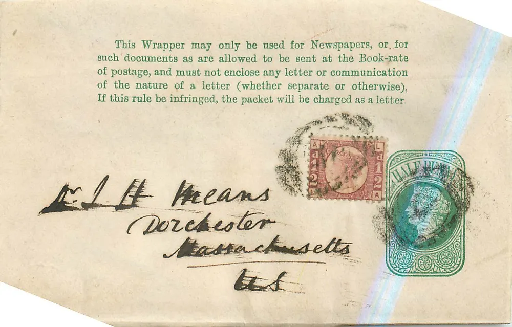 Carte-postale americana — envelope de uso da imprensa — destinado a Dorchester, Massachusetts — selos de 1869 - Frente
