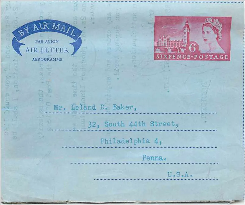 Aérogamme enviado de Southampton, Inglaterra — J. Sanders (Filatélico) Ltd — para Mr. Leland D. Baker, Filadélfia, Pensilvânia, Estados Unidos - Frente