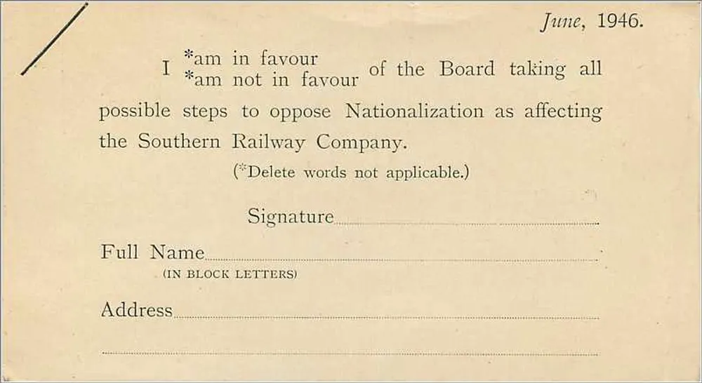 Carta postal de voto sobre a nacionalização — Southern Railway Company — editor desconhecido - Verso