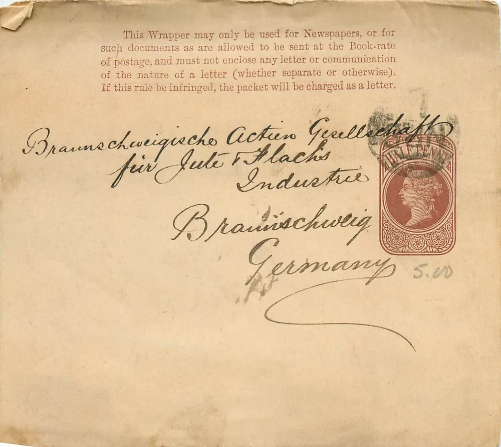 Braunschweig — Envelope comercial para a sociedade de juta — carimbo de ½ pfennig - Frente
