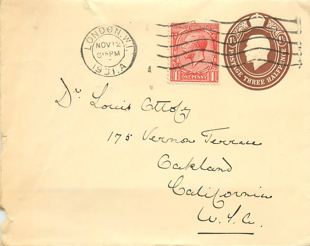 Briefumschlag — London, 12. November 1931 — an Dr. Louis Cattolz, Kalifornien - Vorderseite