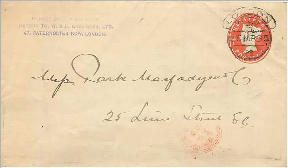 London — Rückumschlag an W. & R. Chambers, Ltd. — Poststempel und Bürostempel - Vorderseite