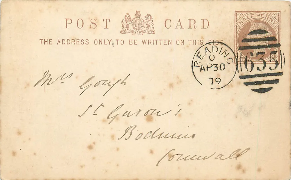 Ansichtskarte von Reading — datiert 30. April 1879 — veröffentlicht von British Post Office - Vorderseite