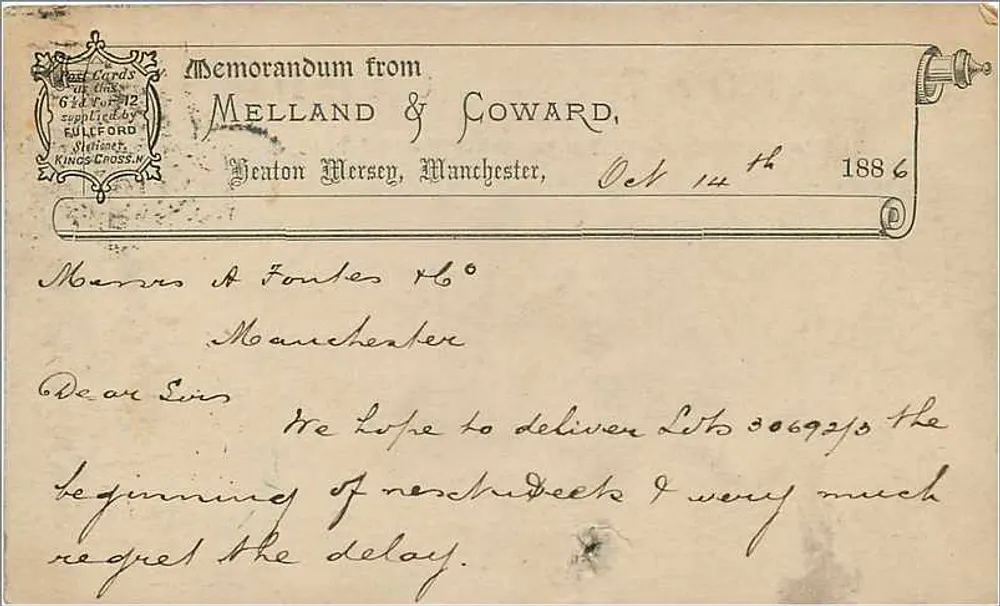 Manchester — Memorandum von Melland & Coward — Verlag Fullford, Kings Cross - Rückseite