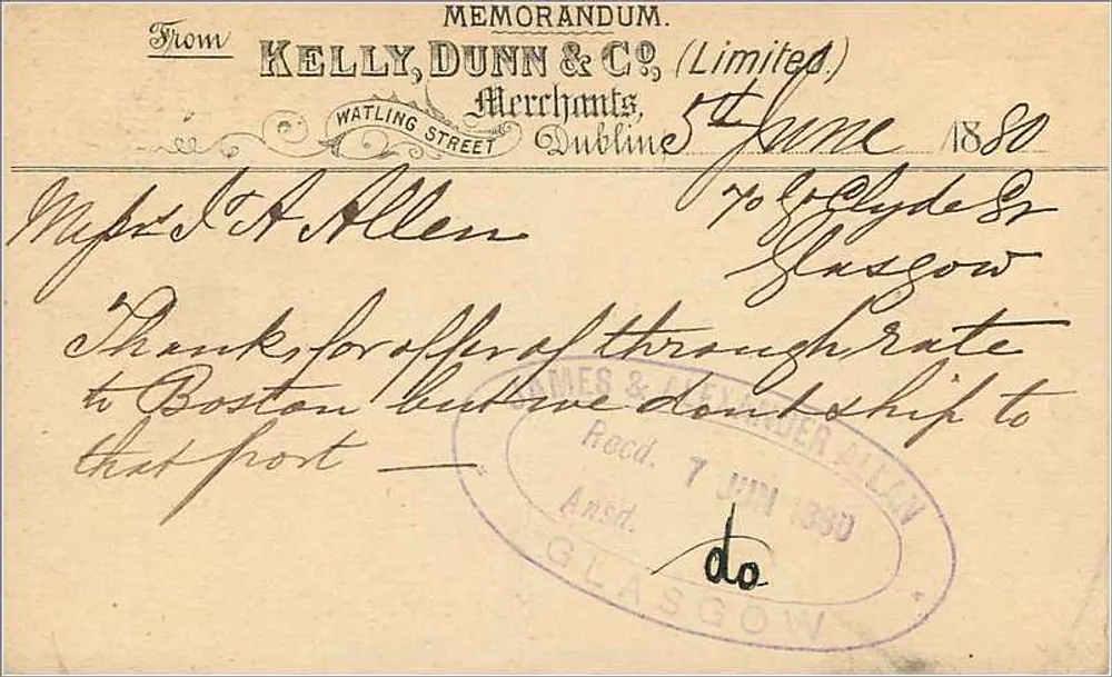 Dublin — datierte Karte vom Juni 1880 — Kelly, Dunn & Co. (Limited) - Rückseite