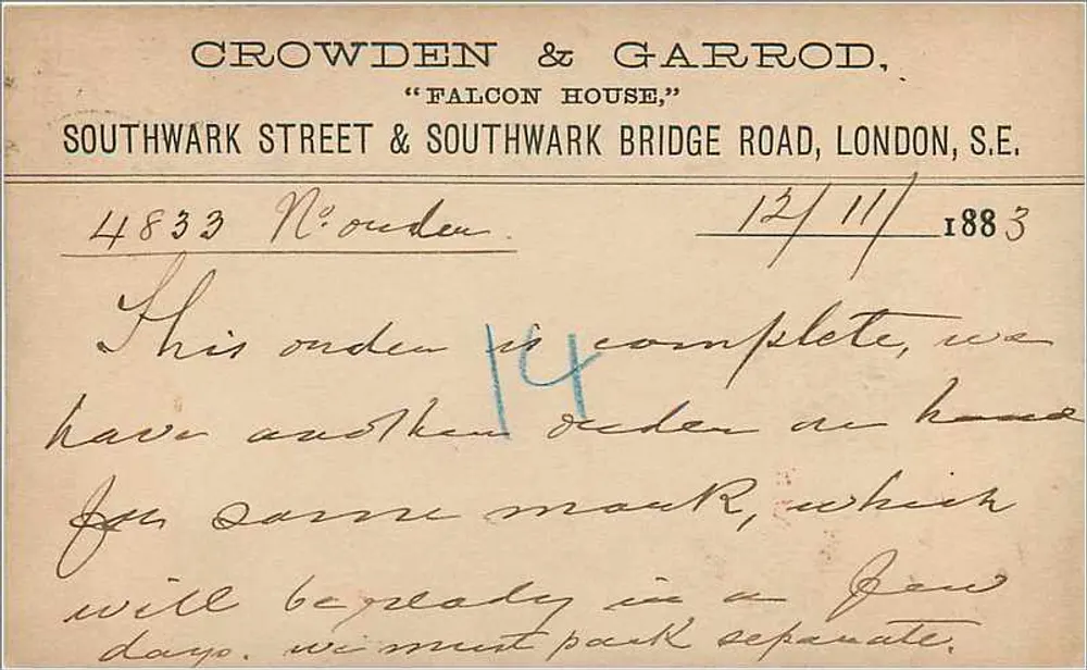 Englische Ansichtskarte — Crowden & Garrod, Falcon House — datiert 12/11/1883 - Rückseite