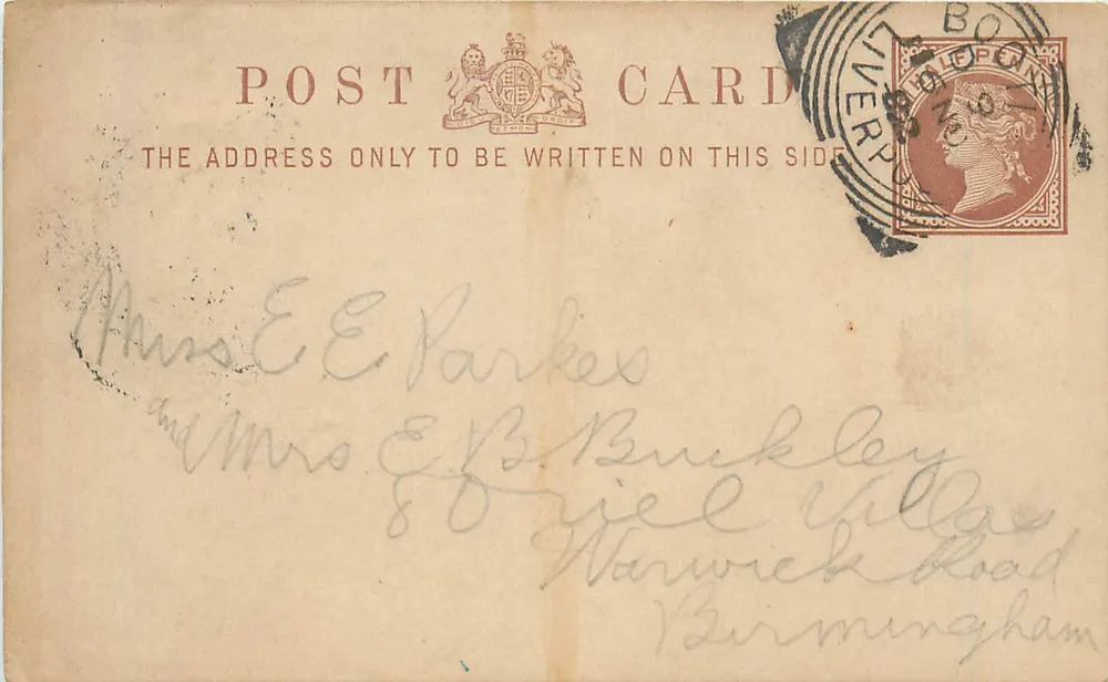 Britische Ansichtskarte — Vorder- und Rückseite — an Mrs E.E. Parkes in Birmingham adressiert - Vorderseite