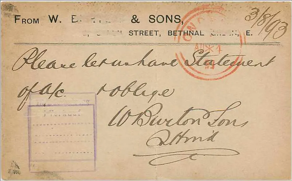 Bethnal Green — Werbeansichtskarte — W. E. T. & Sons - Rückseite