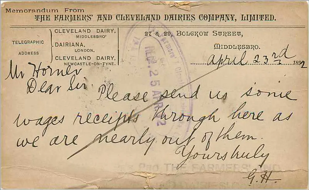 Ansichtskarte von Middlesbrough — Cleveland Dairy — Verleger nicht sichtbar, Seriennummer nicht lesbar - Rückseite