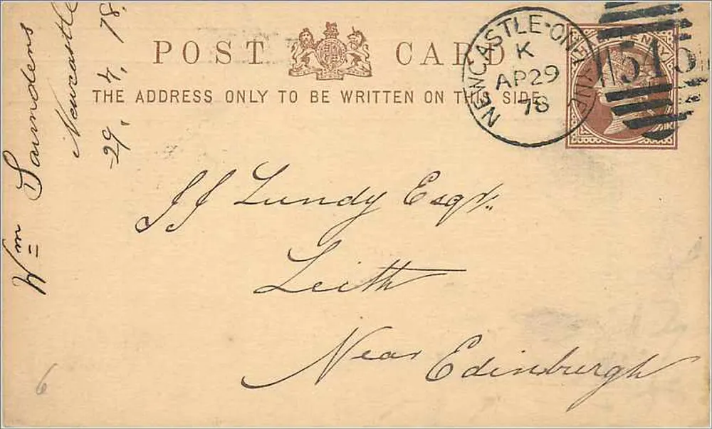 Newcastle-on-Tyne — carta postal por volta de 1878 — editor não identificado - Frente