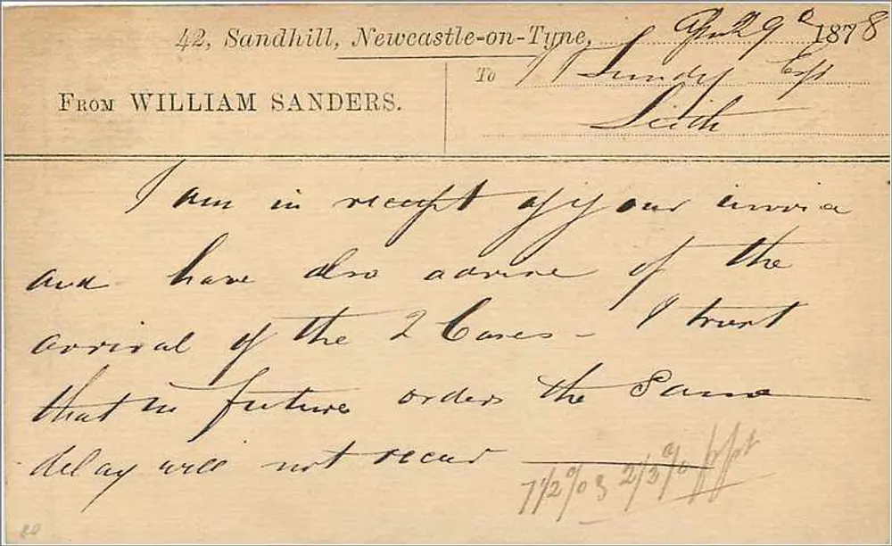 Newcastle-on-Tyne — carta postal por volta de 1878 — editor não identificado - Verso
