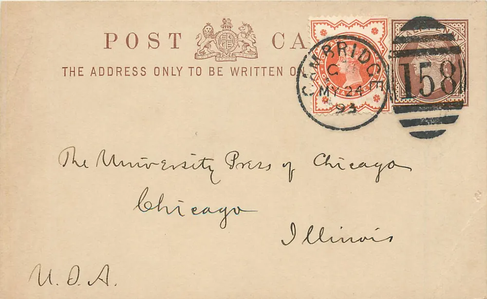 Cambridge, Inglaterra — carta postal enviada a Chicago — editor: University Press of Chicago - Frente