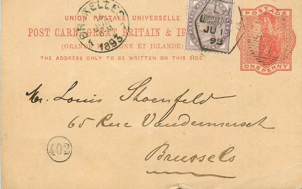 Carta postal britânica — Grã-Bretanha e Irlanda — selo de 1 penny vermelho — destinada a Bruxelas - Frente