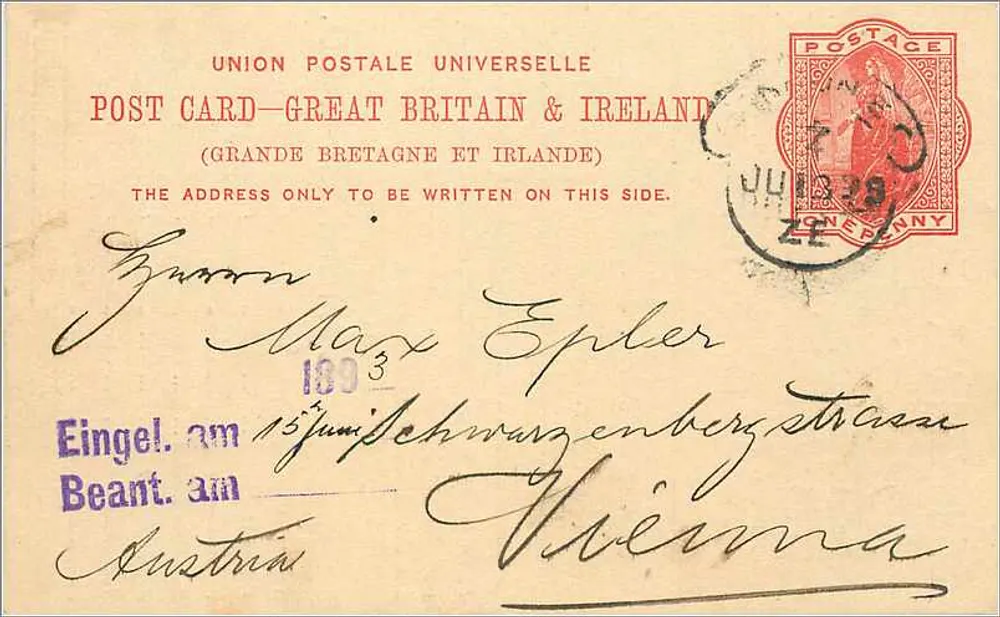 Viena — Carte postale da União Postal Universal (Grã-Bretanha e Irlanda) — Schenker & Co., Londres - Frente