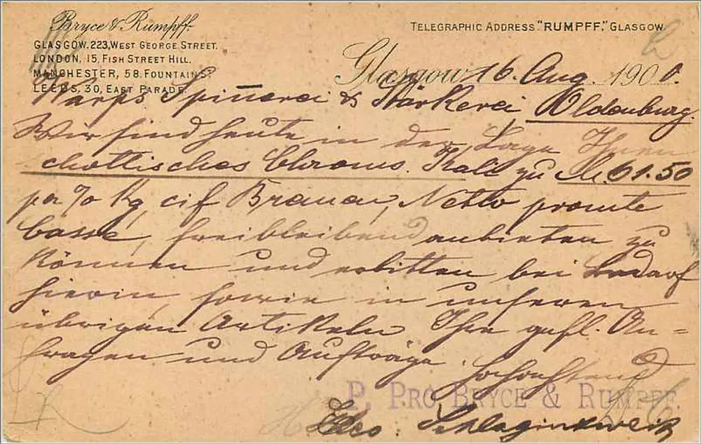 Glasgow — Postkarte an Oldenburg gesendet — Bryce & Rumpff - Rückseite