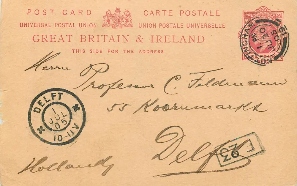 Delft — carta postal enviada de Birmingham — editor Great Britain & Ireland - Frente