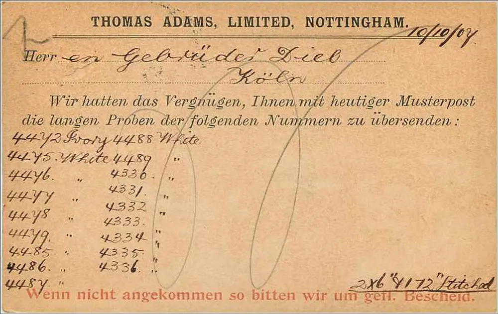 Nottingham — carta postal britânica — Thomas Adams, Limited, Nottingham - Verso