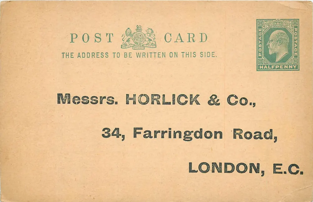 Werbeansichtskarte für Horlick & Co. — London — Halbpfennigstempel - Vorderseite