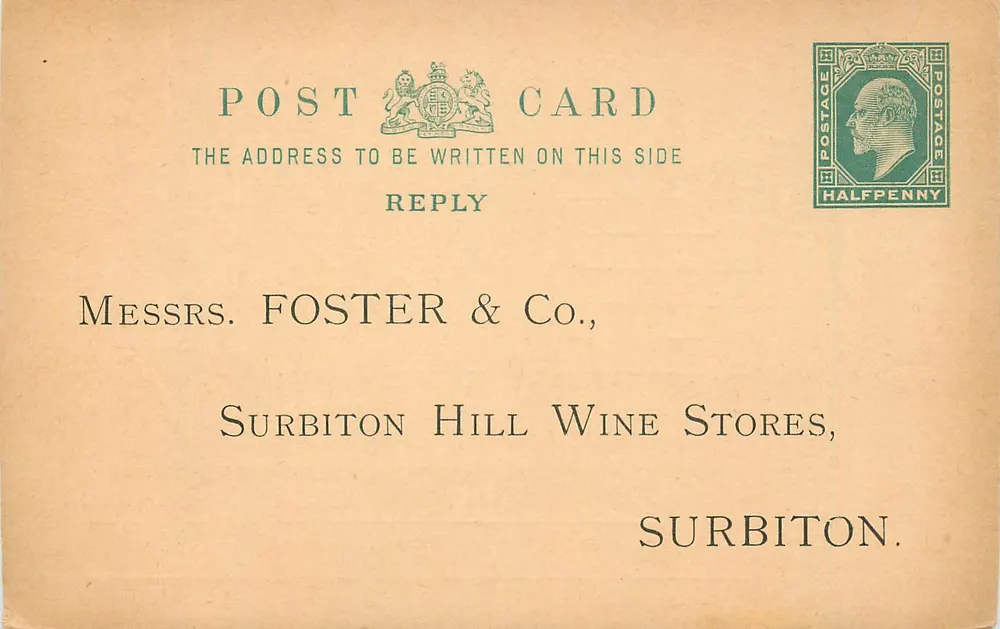 Surbition Hill Wine Stores — Messrs. Foster & Co. — Ansichtskarte mit Halbpfennig-Poststempel - Vorderseite