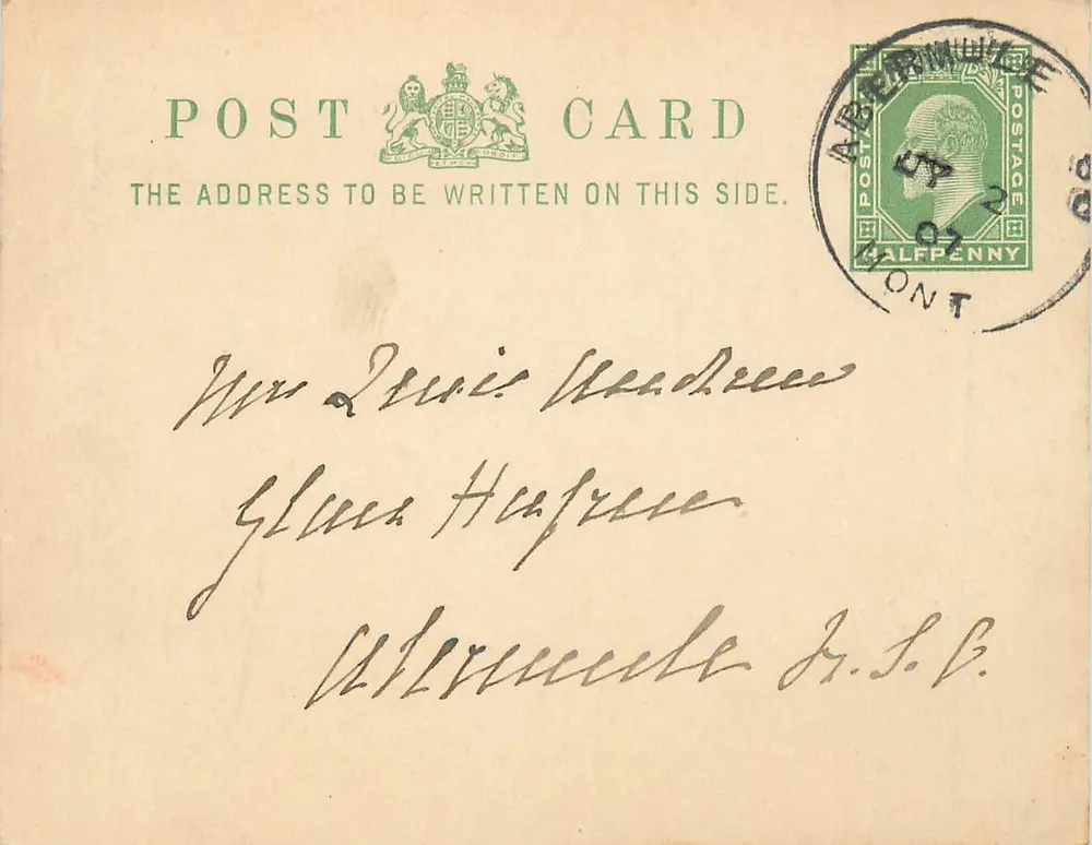 Carta postal britânica — endereço para escrever no lado frontal — selo e carimbo de Albemarle, Ontario - Frente