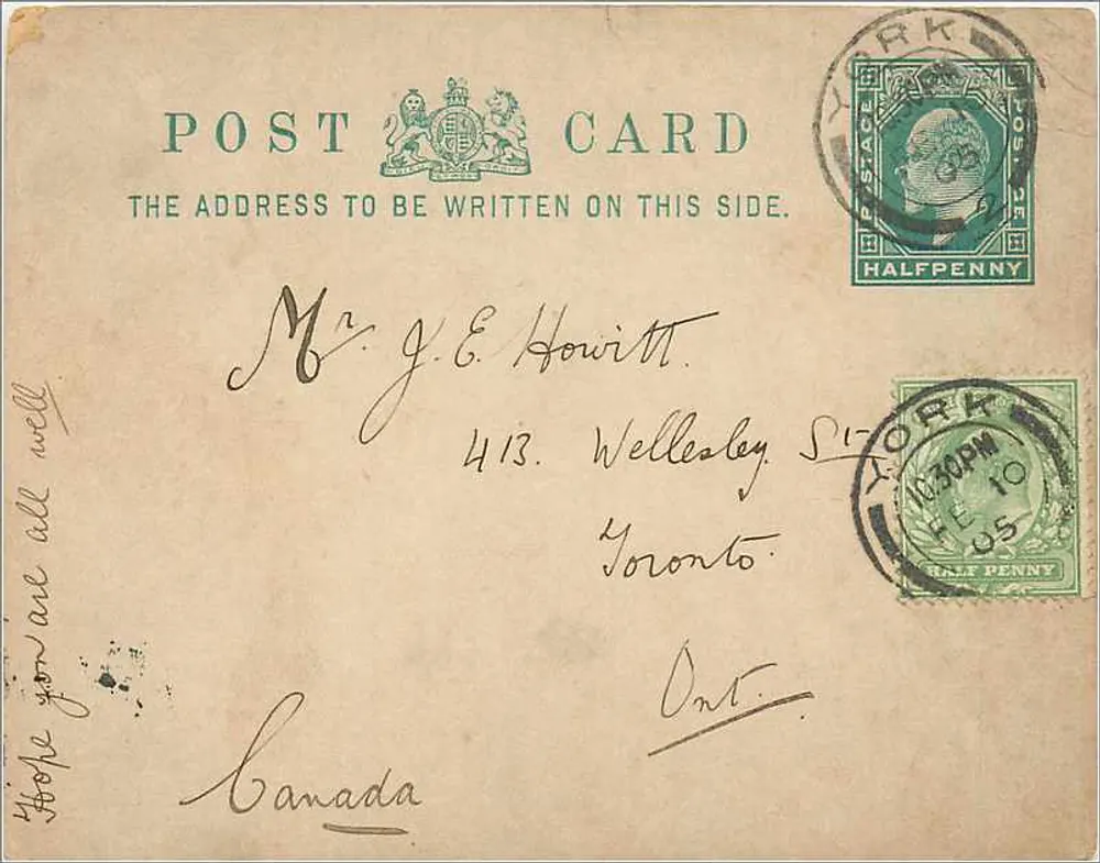 York — Tarjeta postal enviada desde York (Canadá) a Toronto — editor anónimo, número de serie no visible - Anverso