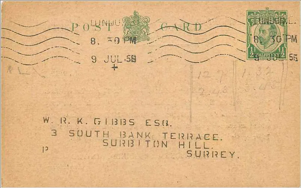 व्यापारिक पोस्टकार्ड — पटलिंग रबर एस्टेट्स सिंडिकेट — लंदन, 9 जुलाई 1915 - आगे