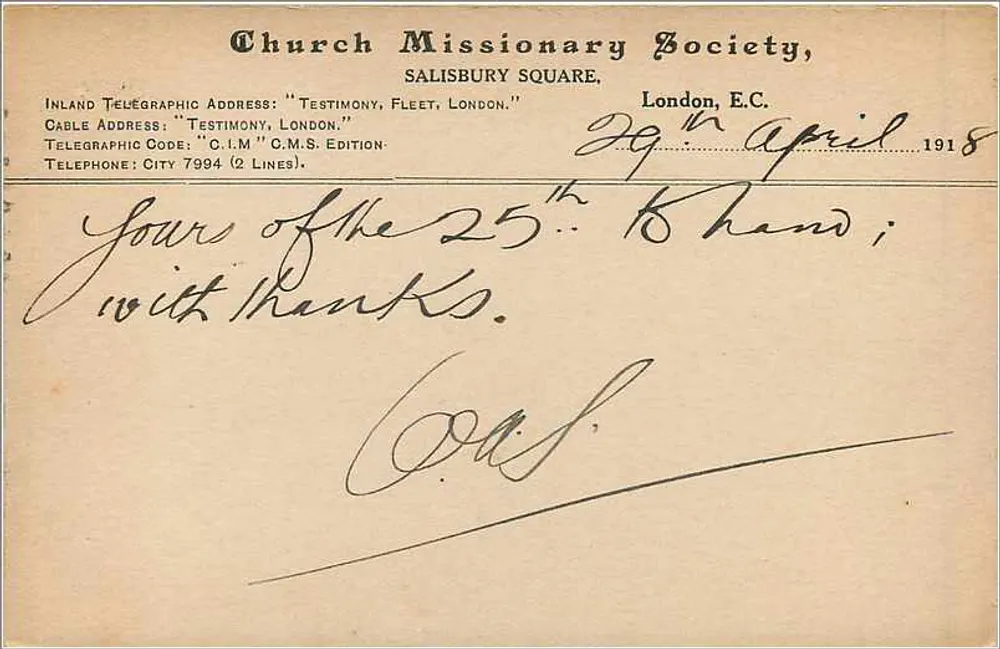 Carta postal da Sociedade Missionária Cristã — Salisbury Square, Londres — editor não visível - Verso