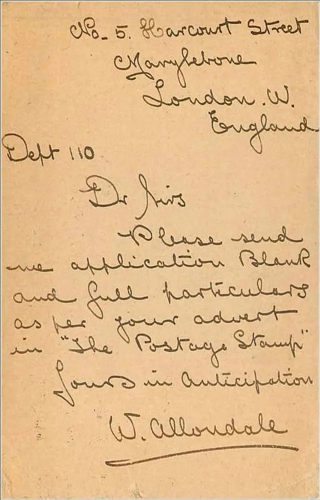 Faddington, W. — Carta postal filatélica — editor desconhecido, número de série não visível - Verso