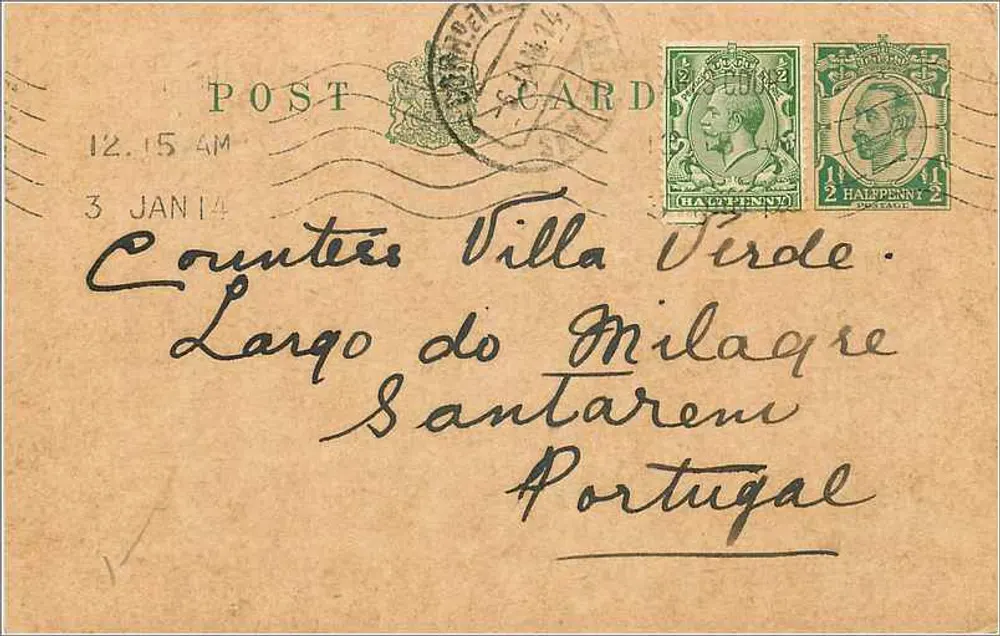 Tarjeta postal — Londres, 3 de enero de 1914 — destinada a Santarém, Portugal - Anverso