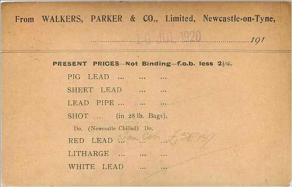 Carte postale commerciale — Newcastle-on-Tyne — Walkers, Parker & Co. — 1920 - Verso